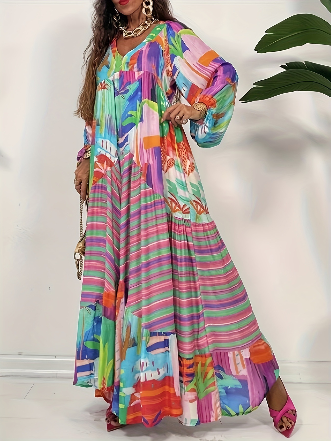 Oversized Large Size Loose Striped Printed V-Neck Pleated Striped Scrambled Dress
