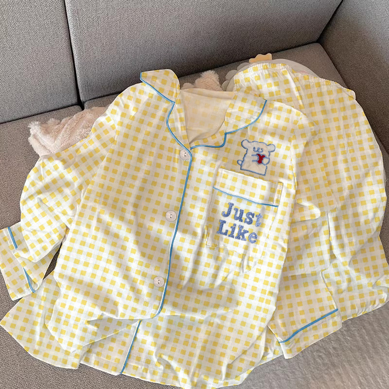 Pajamas female spring and autumn long sleeve yellow plaid puppy new cartoon students can wear home suit real shot wholesale