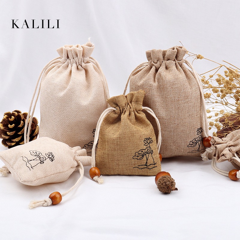 Single Layer Lotus Linen Bag Drawstring Bag Jewelry Cultural Play Storage Bag Linen Jewelry Packaging Bag Wooden Beads