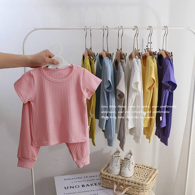 Picture of Children's Home Wear Set Korean Style Casual Unisex Solid Color 2024 Summer New Pajamas Children's Clothing Wholesale Short Sleeve