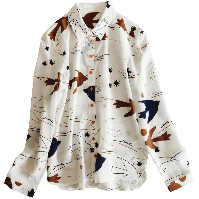 Picture of Clearance French Style Elegant Swallow Print Long Sleeve Silk Crepe-de-Chine Shirt Women's Commuter OL Mulberry Silk Shirt Mid-length