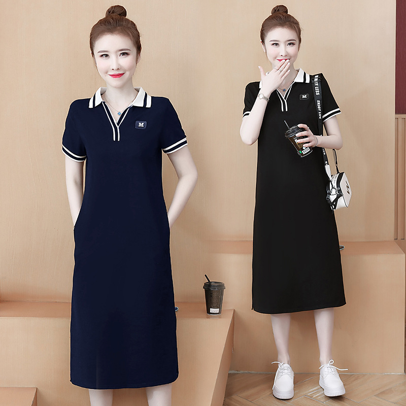 Temperament Age-reducing Slimming Half-open Collar dress 2025 Summer Korean Style Knee-wide Split Loose T-shirt Skirt All-match