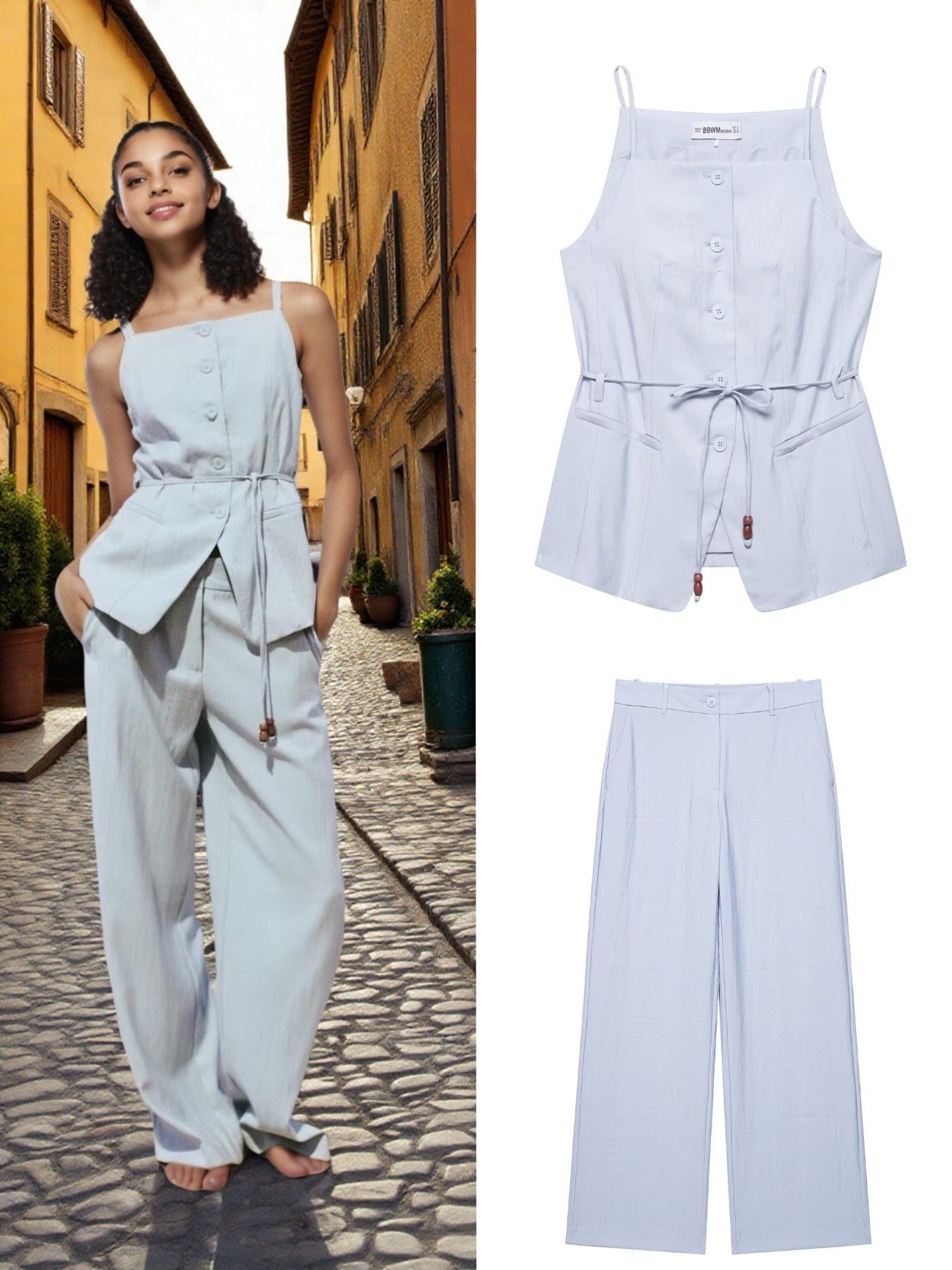 Cross-border foreign trade women's clothing 2025 summer new European and American beaded belt vest high waist real pants suit
