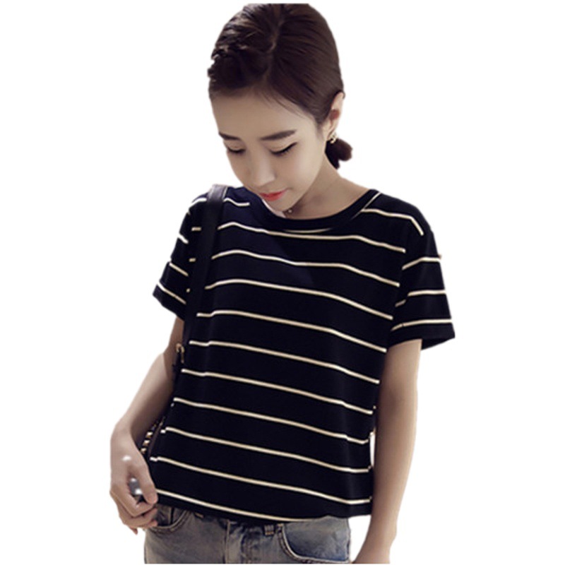Internet Celebrity Summer 2024 New Women's Clothing K-Style Versatile Round Neck Ins Student Stripesd Loose Short-Sleeved T-Shirt Top Trendy