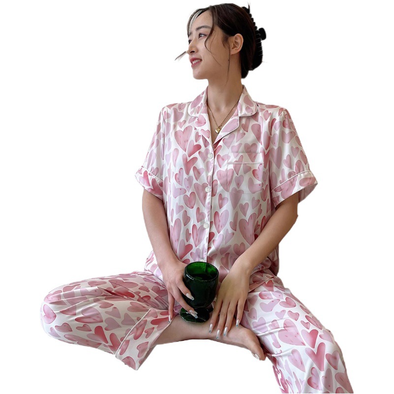 Cross-border ins spring and summer new pajamas ice silk cool feeling short sleeve trousers can be worn outside love petals home clothing wholesale