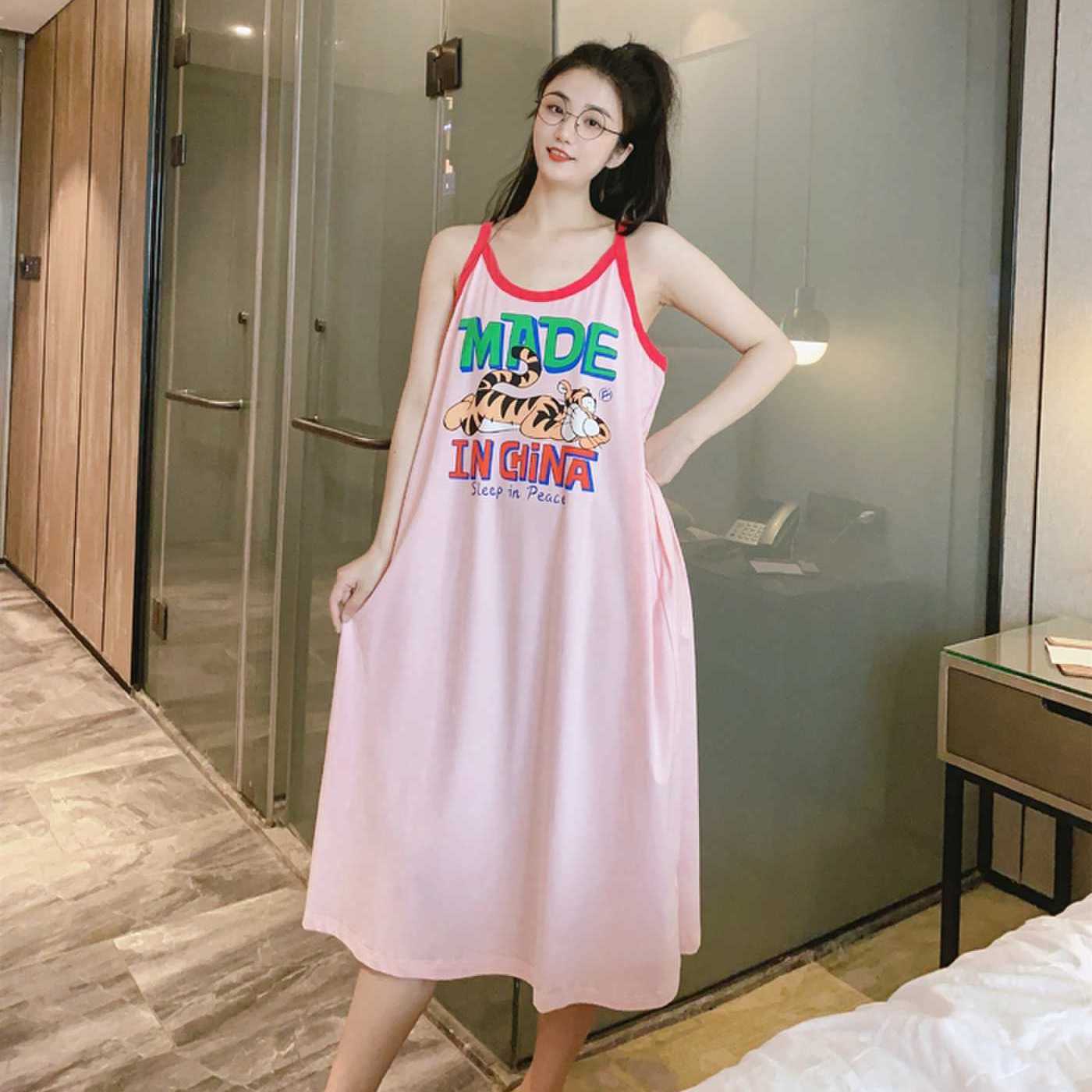 Sexy Sling Nightdress Women's Loose Large Size Cartoon Cute Mid-length Sling Dress Summer New Casual Home Clothes