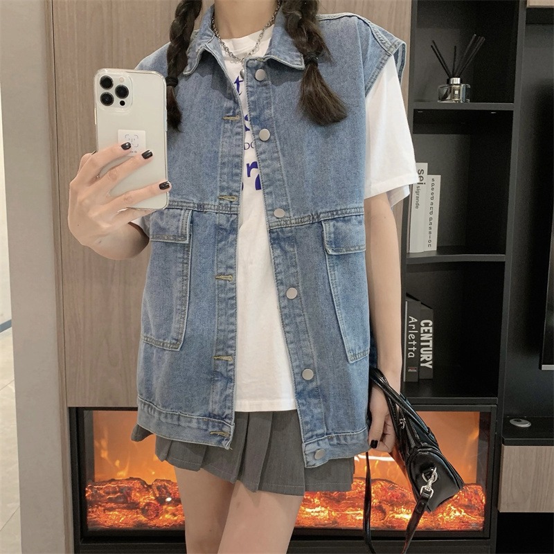 Picture of 2024 Spring Korean Style New Retro Hong Kong Style Vest Top Women's Mid-Length Waistoutwear Denim Vest Tops
