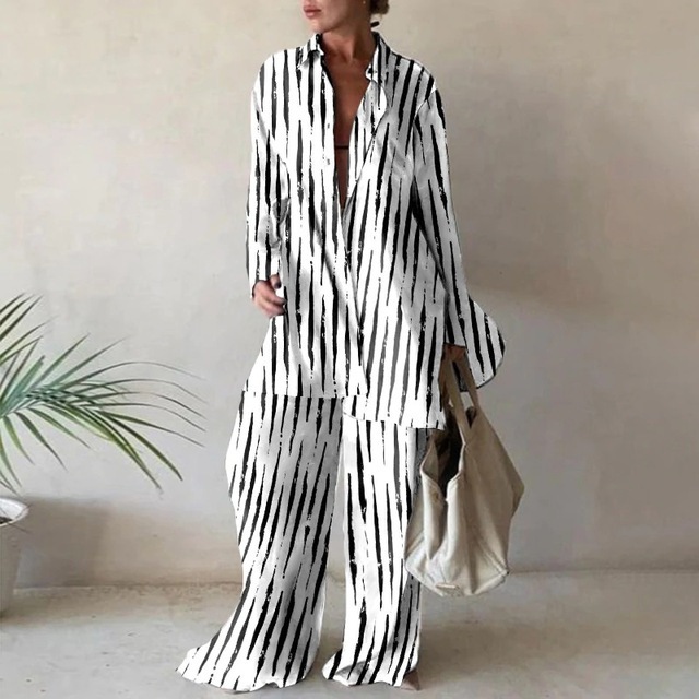 2024 Europe and the United States cross-border new suit fashion printing loose long sleeve shirt straight trousers women's black green