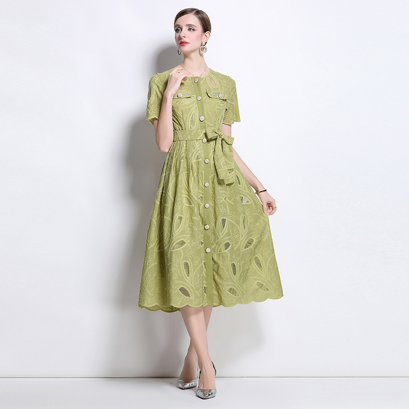 Summer French Retro Heavy Hollow Embroidery Round Neck Waist Short-Sleeved Dress Women's Slim Single-Breasted Long Skirt