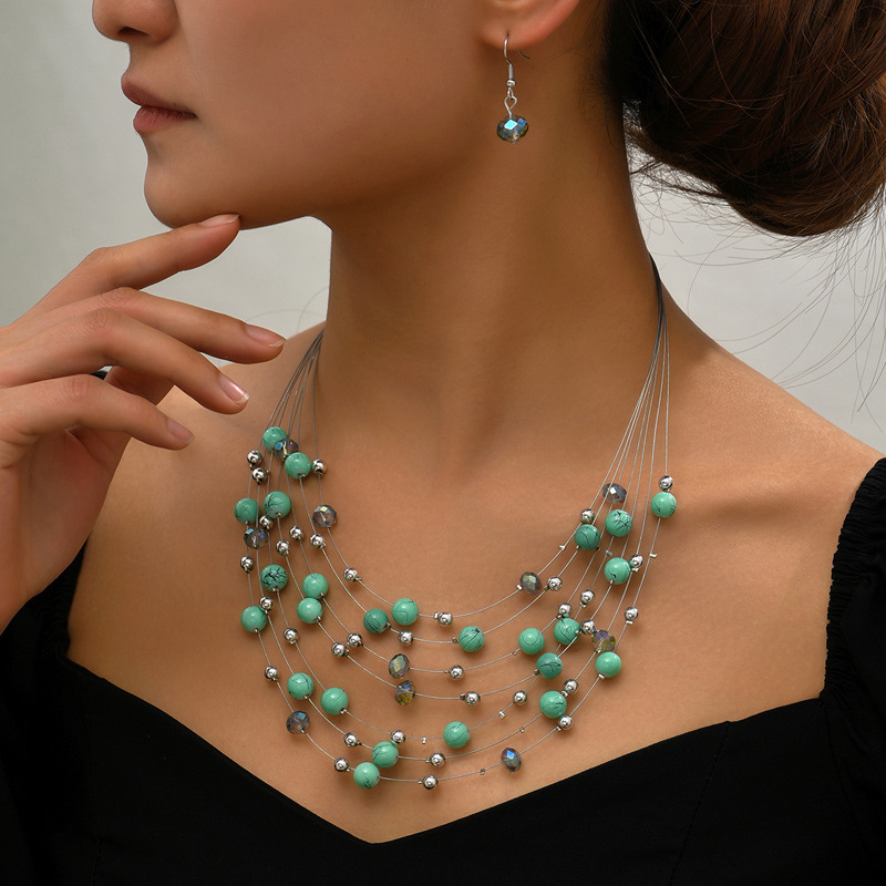 Picture of European and American Cross-border Hot Selling Bohemian Ethnic Style Handmade Beaded Crystal Pearl Multi-layer Necklace Earrings Set for Women
