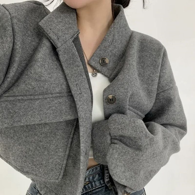 Internet celebrity cool handsome Korean style autumn and winter New stand collar niche short lazy style loose casual woolen woolen coat for women