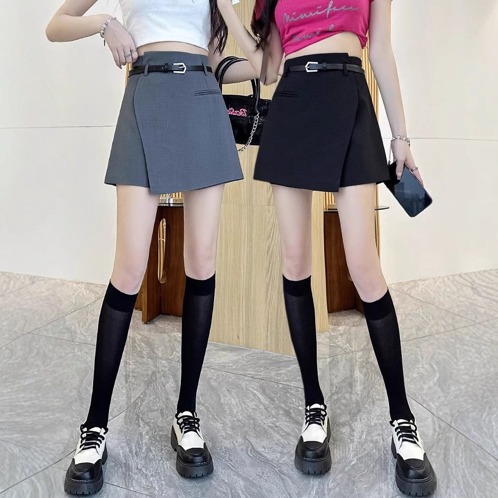 Gray Suit Skirt for Women 2025 New Spring & Fall High-Waisted Asymmetrical Slimming Look A-Line Wide-Leg Casual Shorts Skirt