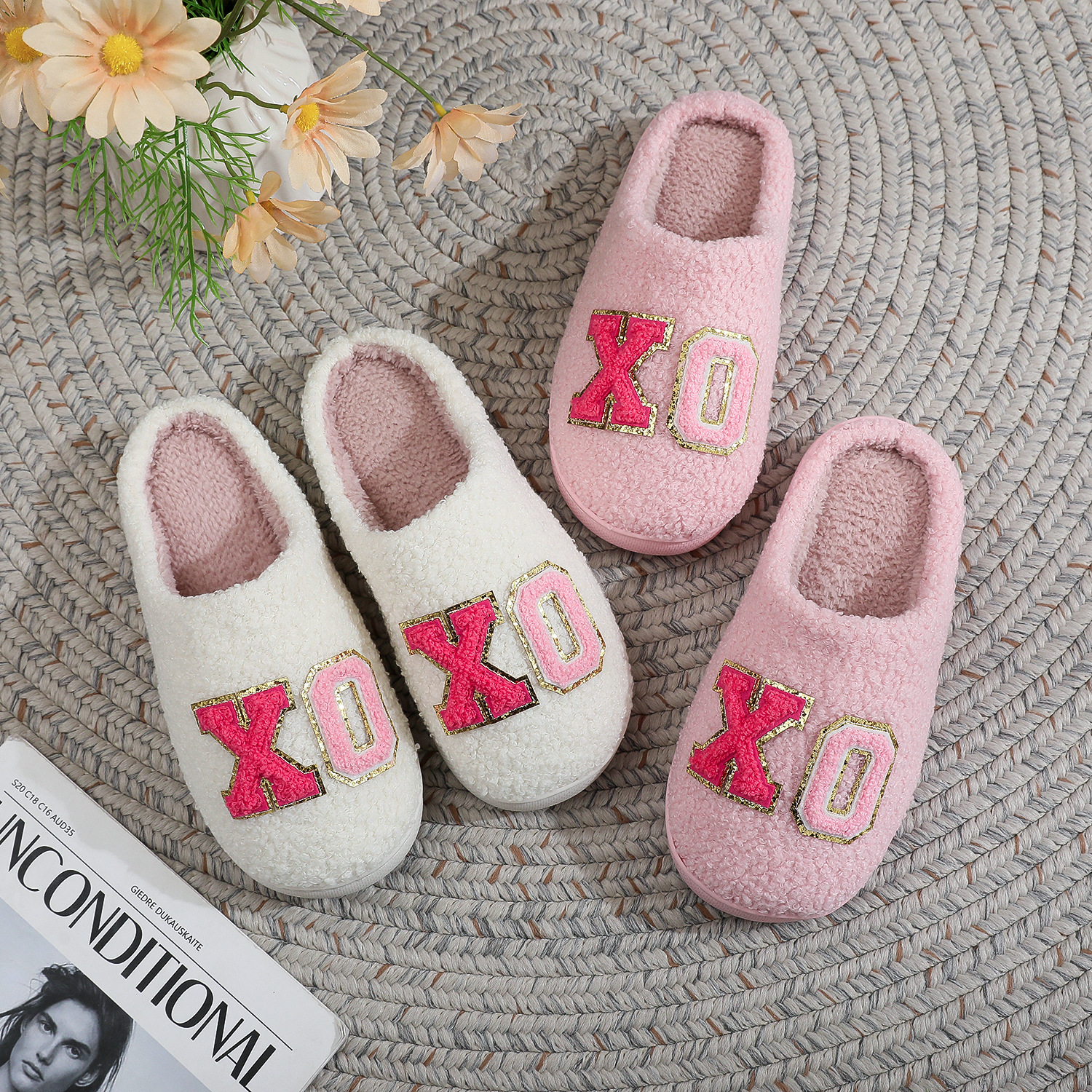 Cross-border Valentine's Day Pink XOXO Glitt Letter Cotton Slippers Women's Home Winter Plush Slippers Amazon Explosion