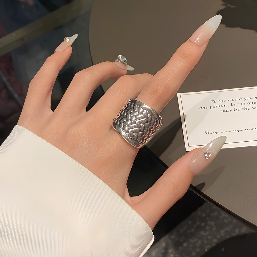 Retro Exaggerated Woven Ring for Women European and American Wide Version Personalized Punk Open Ring Hip-Hop Index Finger Ring Trend