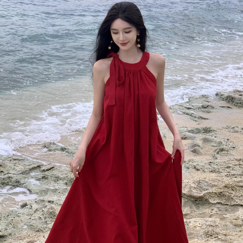 [Original Size] Holiday Style Hanging Neck Red dress Female Summer Yunnan Sanya Seaside Holiday Atmosphere Long
