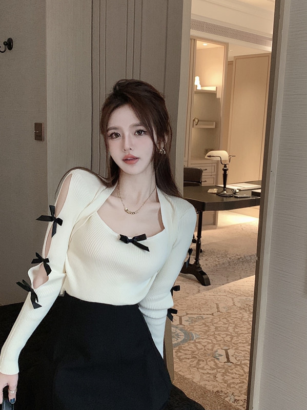 Picture of Pure Desire Style Bow Square Collar Slim-fit Slimming Long-sleeved T-shirt Niche Fashion Sexy Spice Girl Chic Unique Top