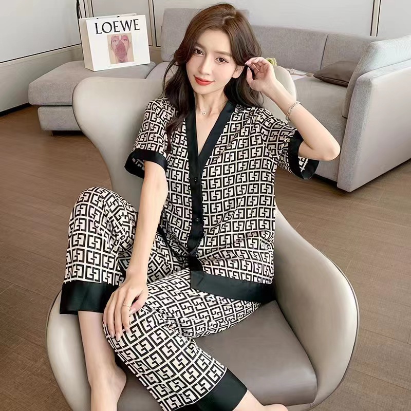 In stock summer pajamas women's artificial silk short-sleeved shorts casual fashion high sense 2023 new home wear