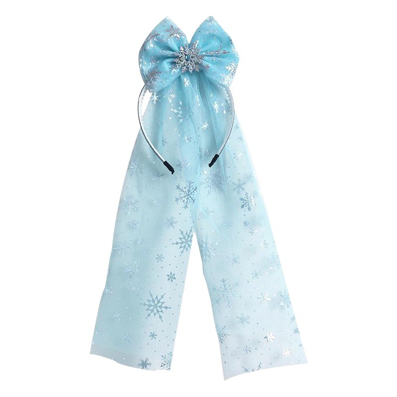 Snow Princess Hair Band Children's Crown Snowflake Bow Veil Hair Accessories Little Girl's Blue Vessel Queen Accessories