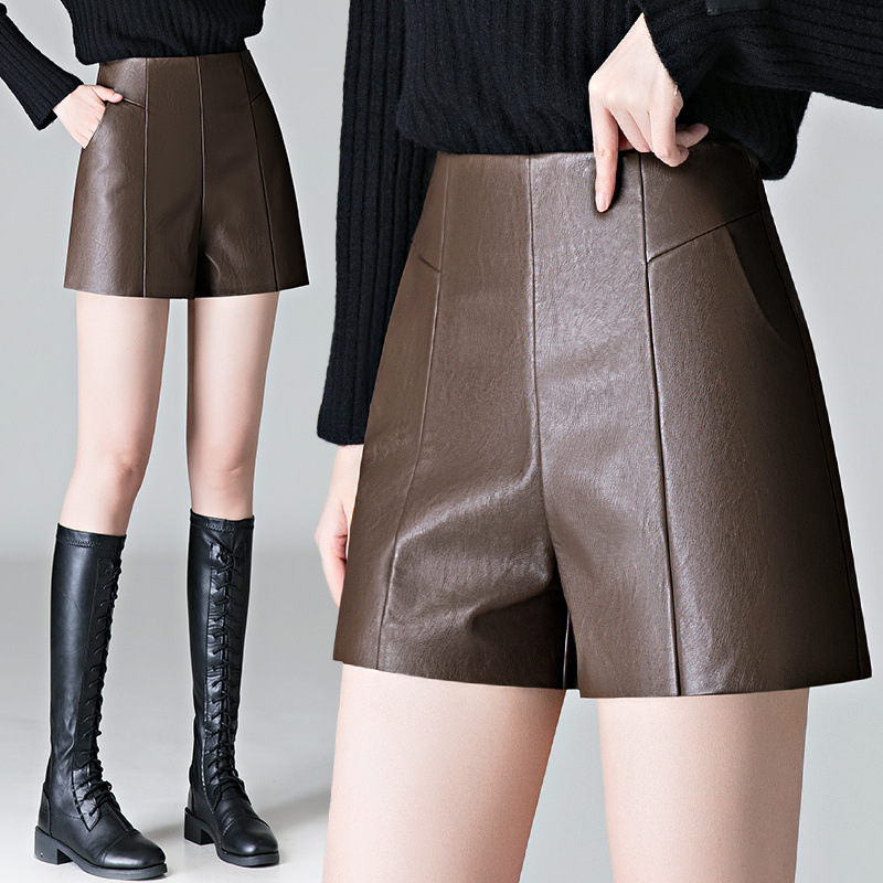 Black PU Leather Shorts Women's Autumn and Winter 2024 New Arrival High Waist A- Shaped Slim Wide Leg Bottoming Outer Wear Boots Pants