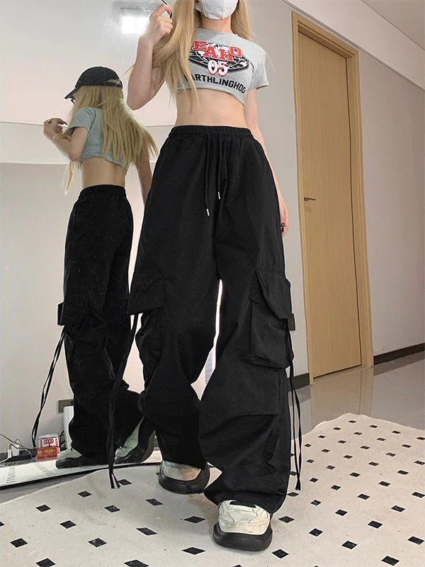 Picture of American Retro Quick-Drying Overalls for Women in Summer High-Waisted Straight Wide-Leg Ribbon Loose Casual Floor-Length Trousers Trend