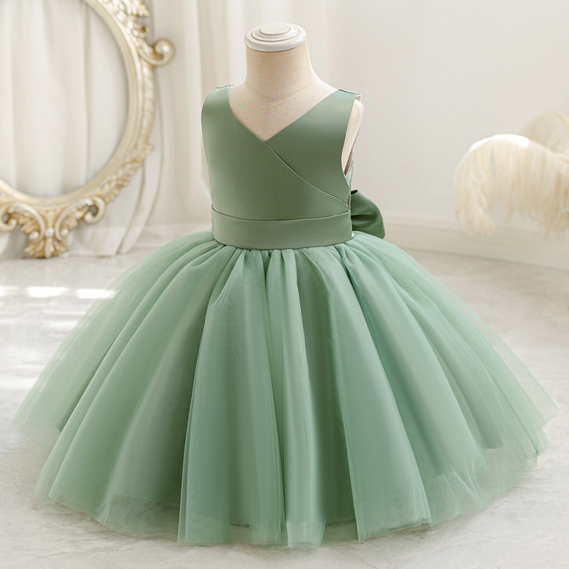 Cross-border Baby Girl One-year-old Mesh Gown Princess Dress Summer Flower Girl V-neck Wedding Dress Bow dress