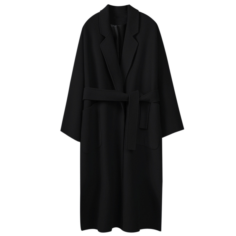 Picture of Black Woolen Coat Women's Winter Super Long Over-the-knee Lace-up Profile Double-sided Cashmere Handmade Woolen Coat
