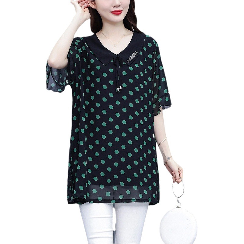 Plus Size Women's Clothing 2025 Summer New Age-Reducing Doll Collar Short-Sleeved Top That Covers the Belly and Looks Slimming Look with Polka-Dot Chiffon Shirt