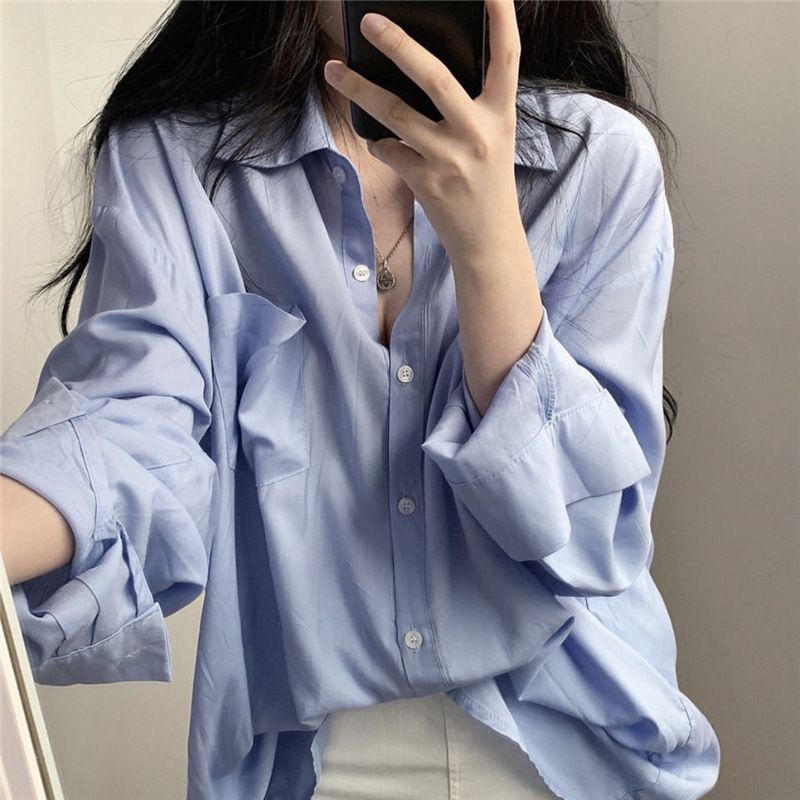 Picture of Korean Style Lazy Style Solid Color Thin Sunscreen Shirt Summer Spring Autumn Mid-length Shirt Jacket Student Long Sleeve Top