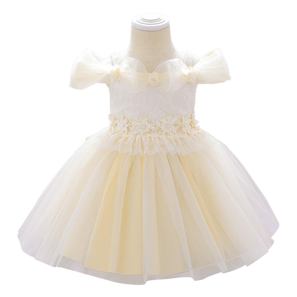 Off-shoulder flower girl evening dress girl princess dress children's gauze puff dress one-year-old dress birthday party dress