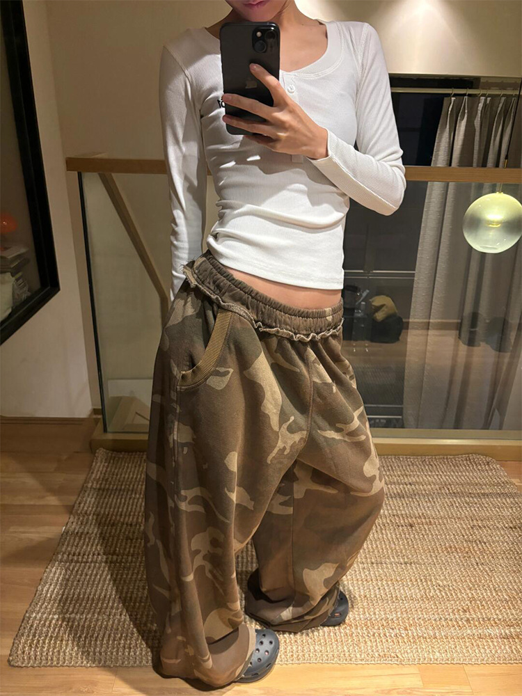 American Style Spice Girl Camouflage Wide Leg Pants Women's Autumn and Winter New Straight Casual Pants Loose Sports Sweatpants Design Sense Pants