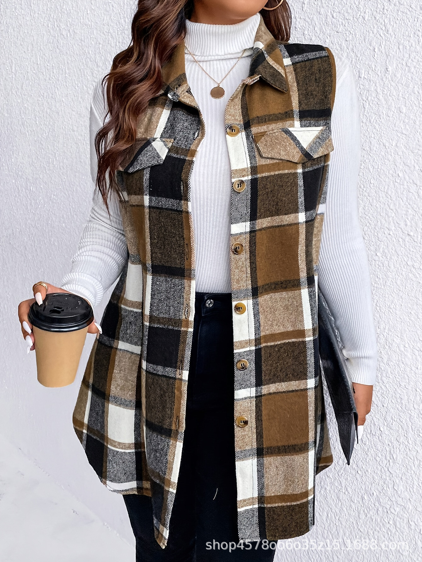 Amazon cross-border wholesale 2024 new European and American fashion check sleeveless vest loose plus size long coat