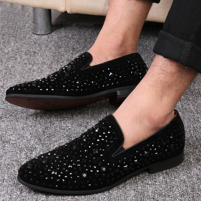 Leather Shoes Men's British Pointed Rhinestone Sequin Foot Set Business Korean Style Nightclub Fashionable Shoes Wedding Stylist Men's Shoes