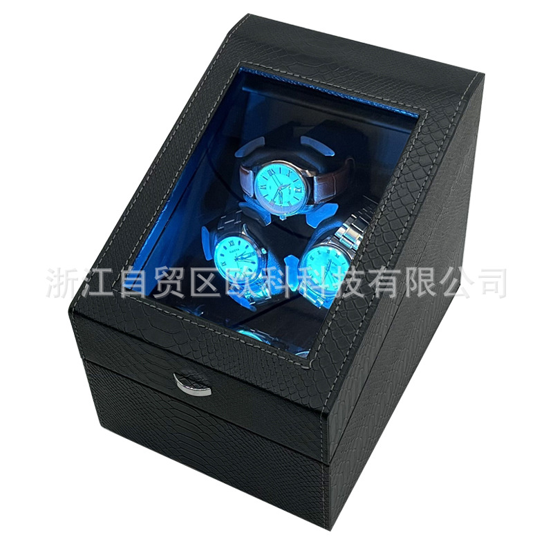 Wholesale In-Stock Snakeskin-Patterned Leather Watch Winder with 3 Watch Slots + 3 Storage Compartments, Automatic Winding, Stops When the Lid Is Opened, 5-Speed Watch Winder