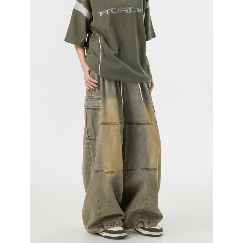 2024 New Vintage Yellow Mud Wide Leg Jeans Men and Women American Style High Street Loose Multi-Pocket Workwear Casual Pants