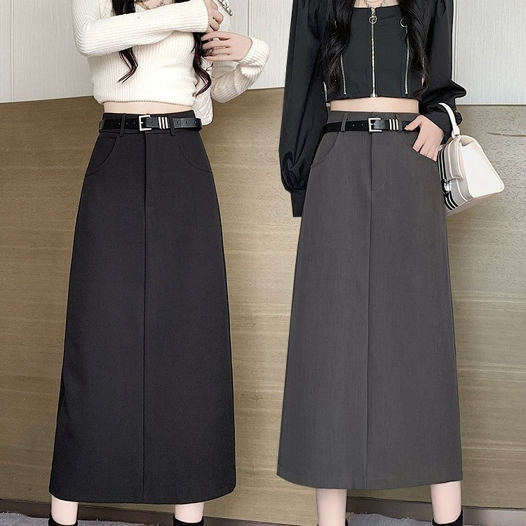 Black suit skirt for women 2024 new spring and autumn popular high waist slimming A- line split elegant all-match skirt