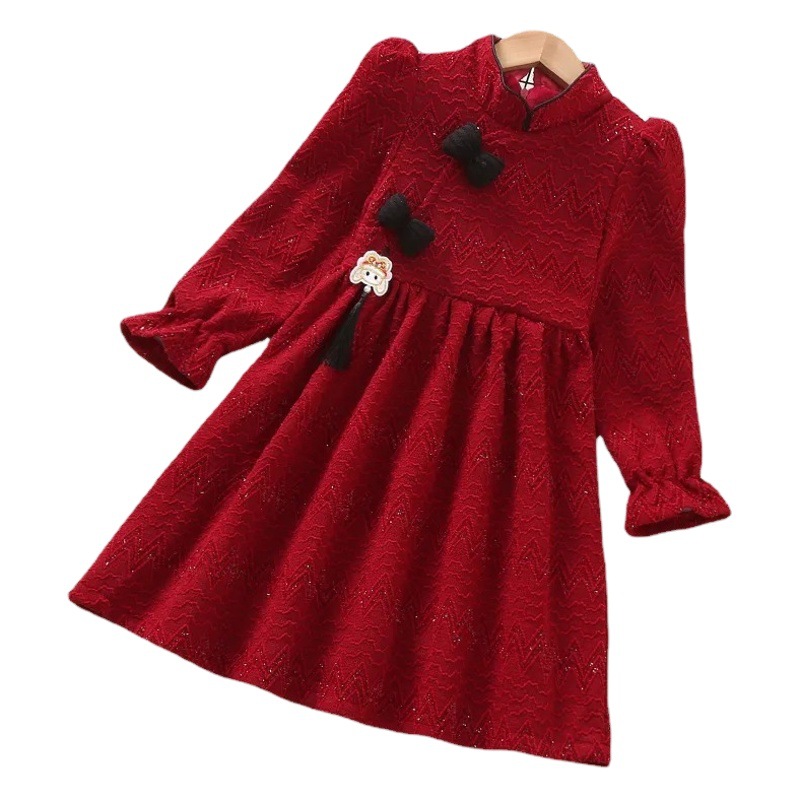 Girls' red dress fleece-lined cheongsam princess dress Chinese style new year Children's New Year dress retro New Year dress