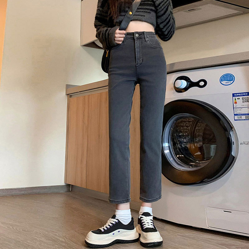 Picture of Black gray jeans women's net red autumn and winter stretch high waist straight pants all-match slim fit cropped smoke tube French stick pants