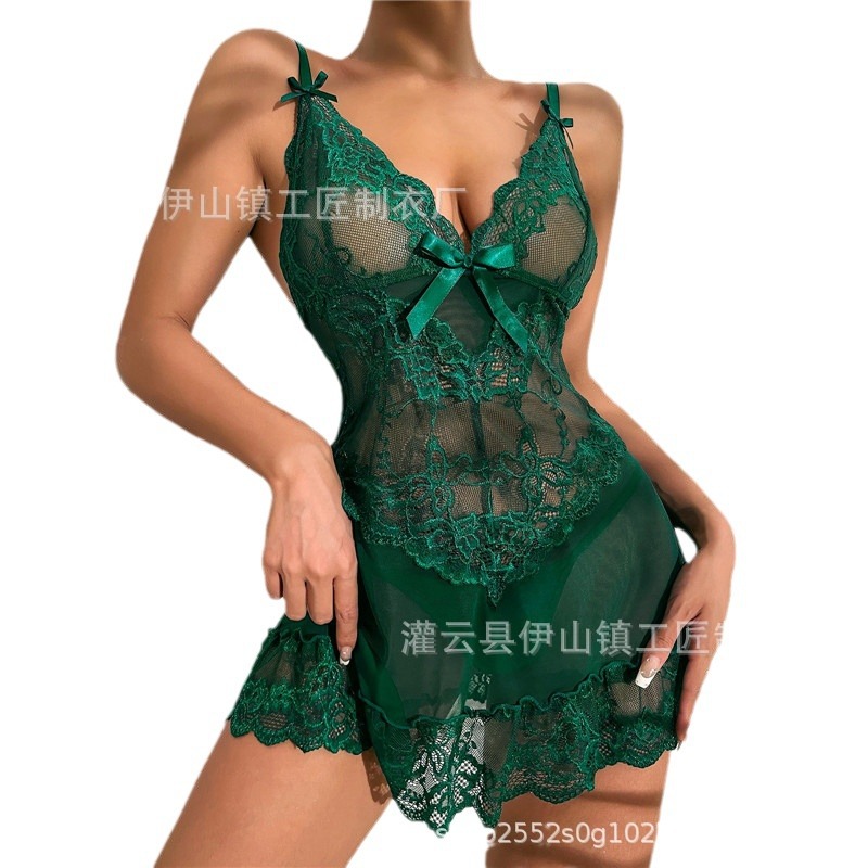 Picture of Summer Popular European and American Sexy Pajamas Cross-Border Foreign Trade Large Size Mesh Lace Temptation Suspender Nightgown Women's Suit Sexy