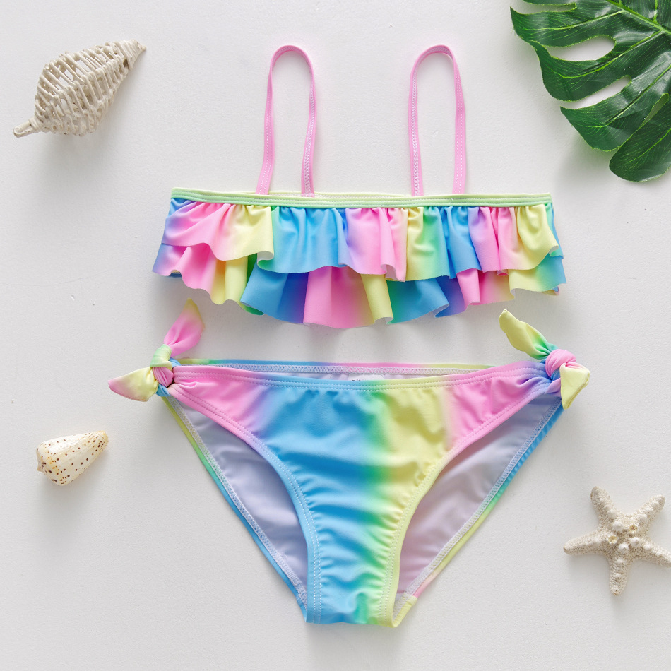 Foreign Trade New 2022 Girls Swimsuit Kidsren's Split Bikini Set Girls Swimsuit Rainbow Stripess