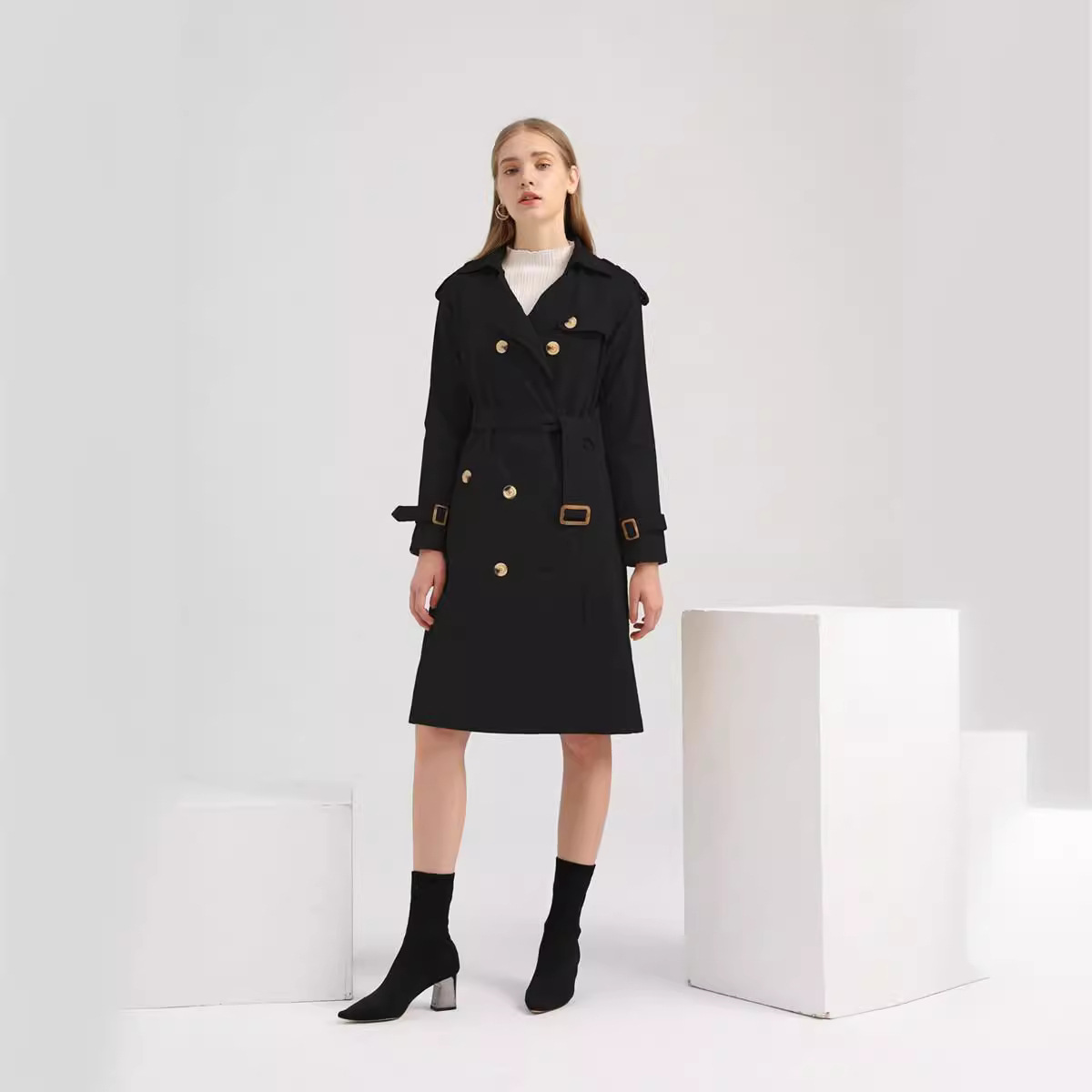 Picture of Russia Hot selling women's Russian temperament girl elastic waist suit collar trench coat jacket