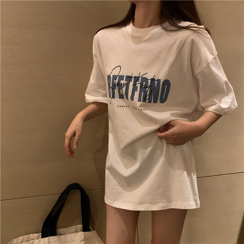 Picture of White T-shirt Women's Spring and Summer 2025 New Korean-style Hong Kong-style Retro Printed Middle-length Top Base Shirt for Students