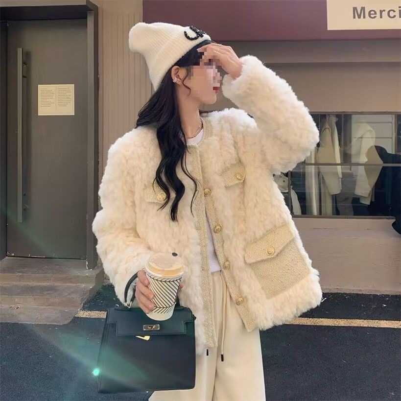 Thickened Chanel Style Lambswool Coat Women's Western Style All-match Autumn and Winter New Style Outer Wear Plush Loose Top Ins Trendy