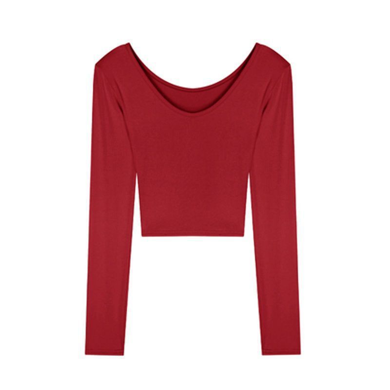 Picture of Red top women's V-neck short bottoming shirt early autumn new style inner wear pure desire machine clavicle long sleeve T-shirt