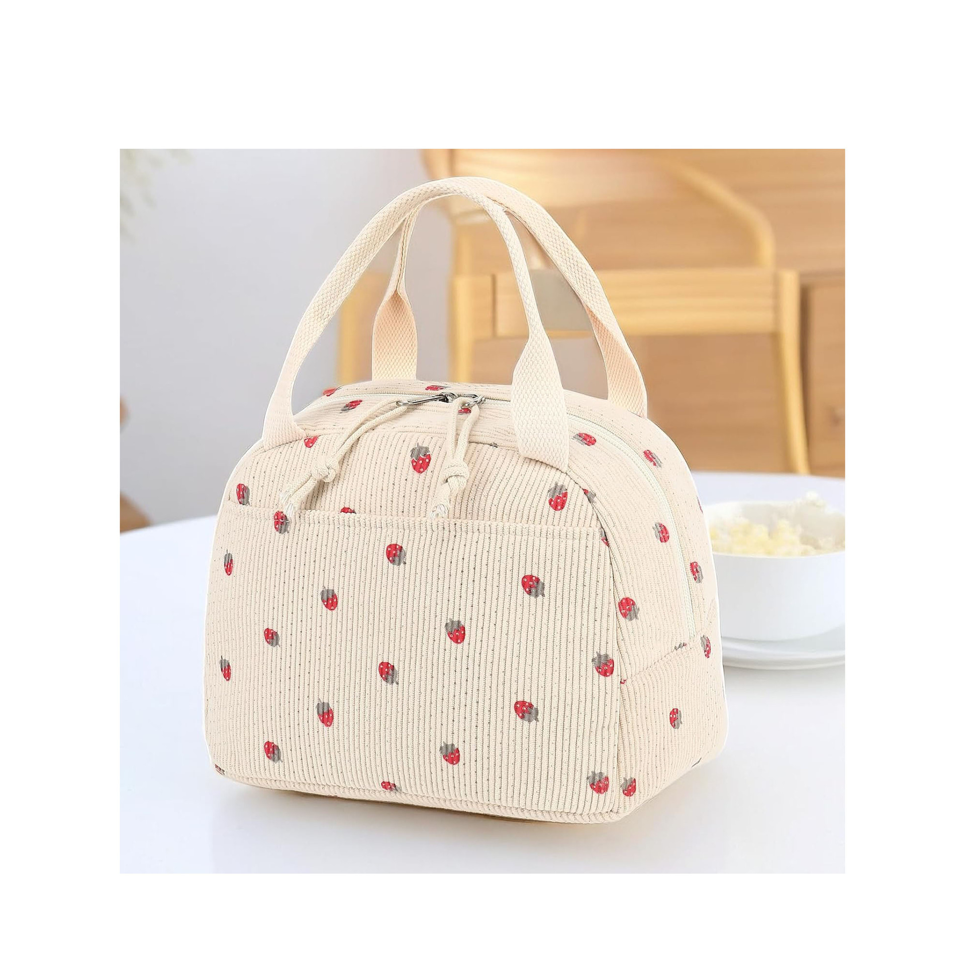 Cross-Border Hot-Selling Corduroy Strawberry Large-Capacity Lunch Bag Travel Business Trip Spring Outing Picnic Ice Bag Work Thermal Bag