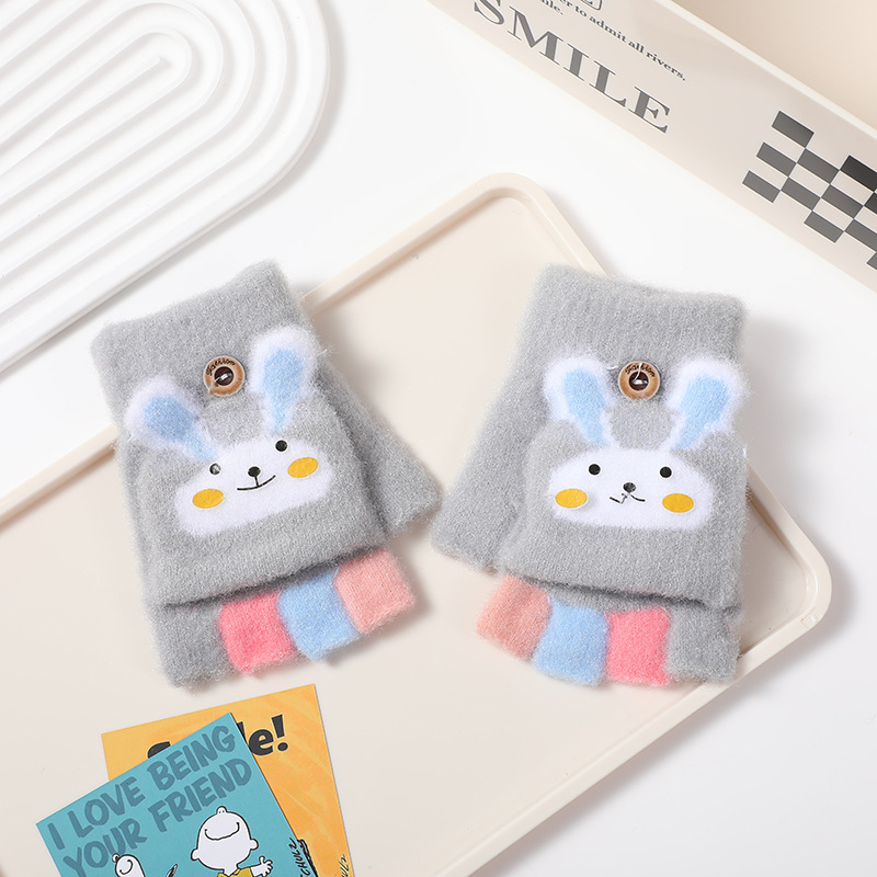 Picture of Children's flip gloves autumn and winter boys half finger warm cute Primary School students writing knitted dual-purpose gloves wholesale