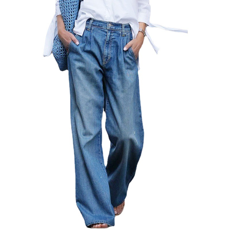 Amazon Nostalgic Jeans Women's Cross-Border New High-Waist Slim Wide-Leg Pants Loose Floor-Length Denim Trousers