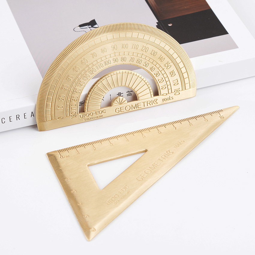 European and American brass triangle ruler Golden retro semicircle protractor triangle drawing copper Ruler 2mm thick