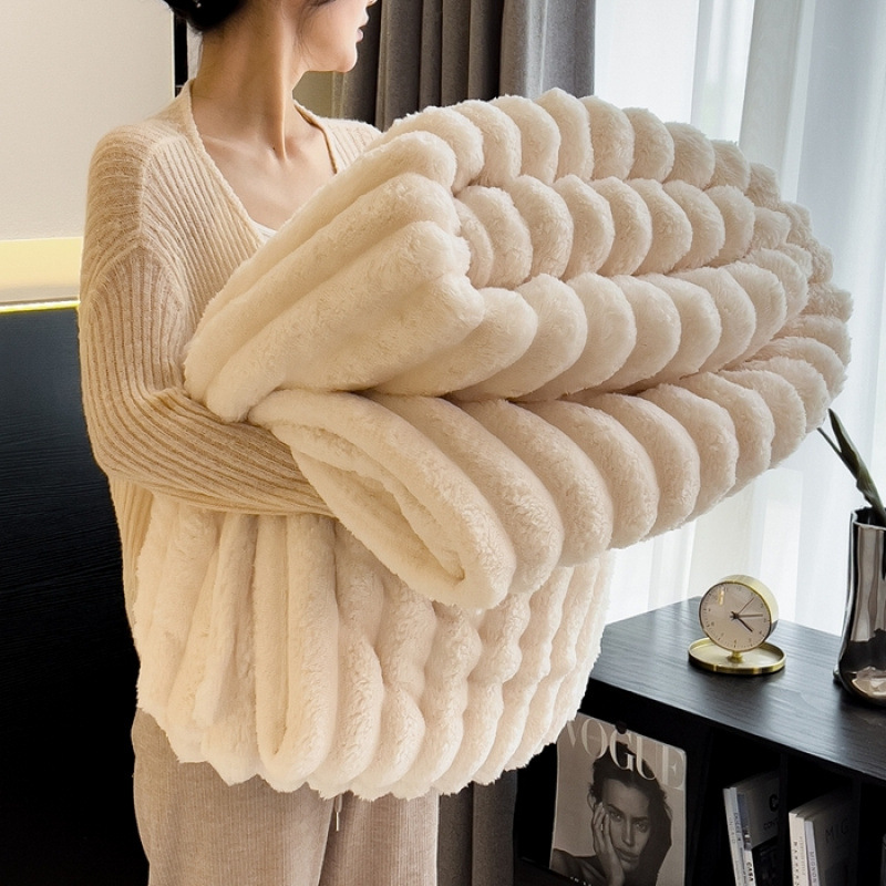 2024 Light Luxury Style Solid Color Rabbit Fur Striped Single-Layer Blanket, Throw Blanket, Air Conditioning Blanket, Cross-Border Trade Supply Milk Velvet