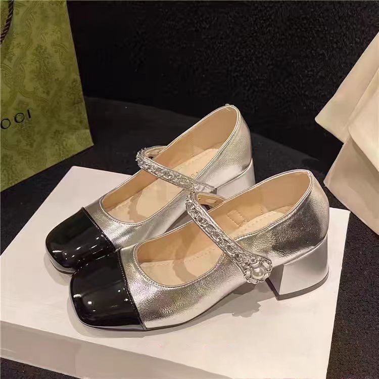 Early Spring Pearl Single Shoes Retro Chunky Middle Heel Small Leather Shoes Autumn 2024 New Style Fragrant Style Mary Jane Shoes for Women