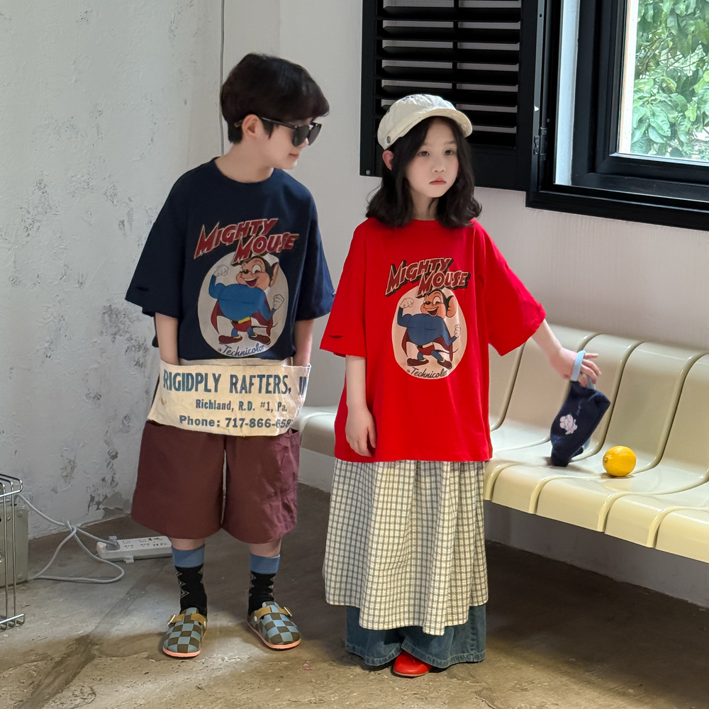 Children's T-shirt 2025 Summer Boys and Girls Korean Cartoon Letter Short-sleeved Children's Round Neck Loose Top